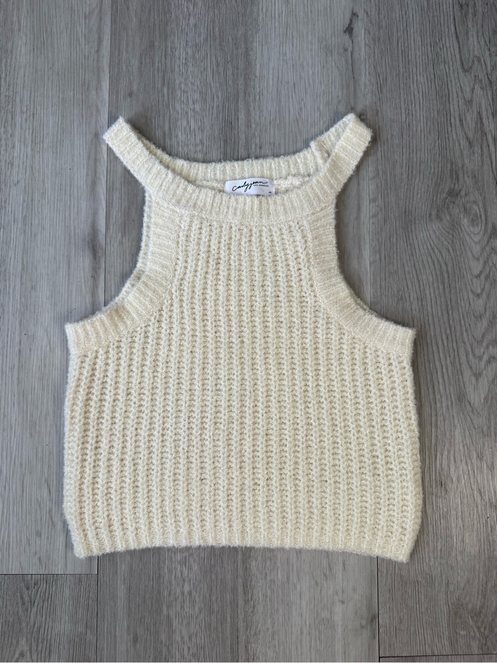 Carly Jean Los Angeles Cream Ivory Off White Sleeveless Knit Sweater Crop Top M.